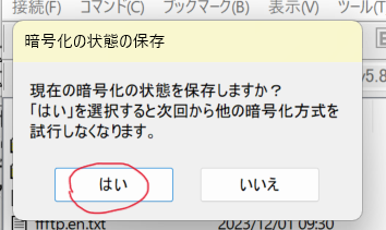 暗号化の状態を保存のウインドウが出ている。現在の暗号化の状態を保存しますか？「はい」を選択すると次回から他の暗号化方式を試行しなくなります。と出ている。はい、いいえがあり、「はい」にまるがついている