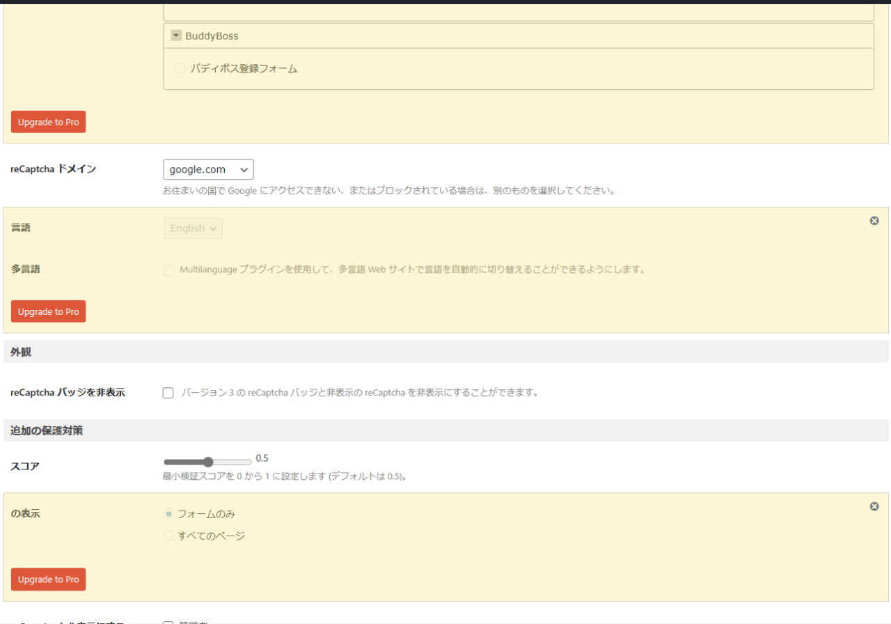 reCaptchaドメイン、外観　reCaptchaバッジを非表示、追加の保護対策、スコア