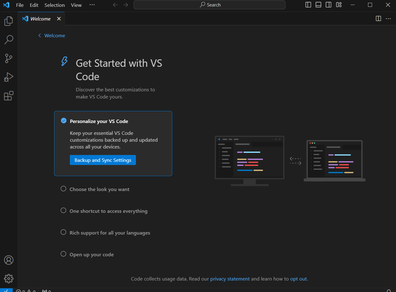 Visual Studio Codeの画面。英語で表示されている。