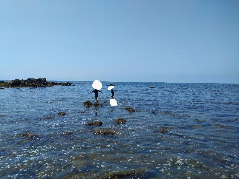 岩の上を渡って１０mくらい先の海の上にいる２人のこども